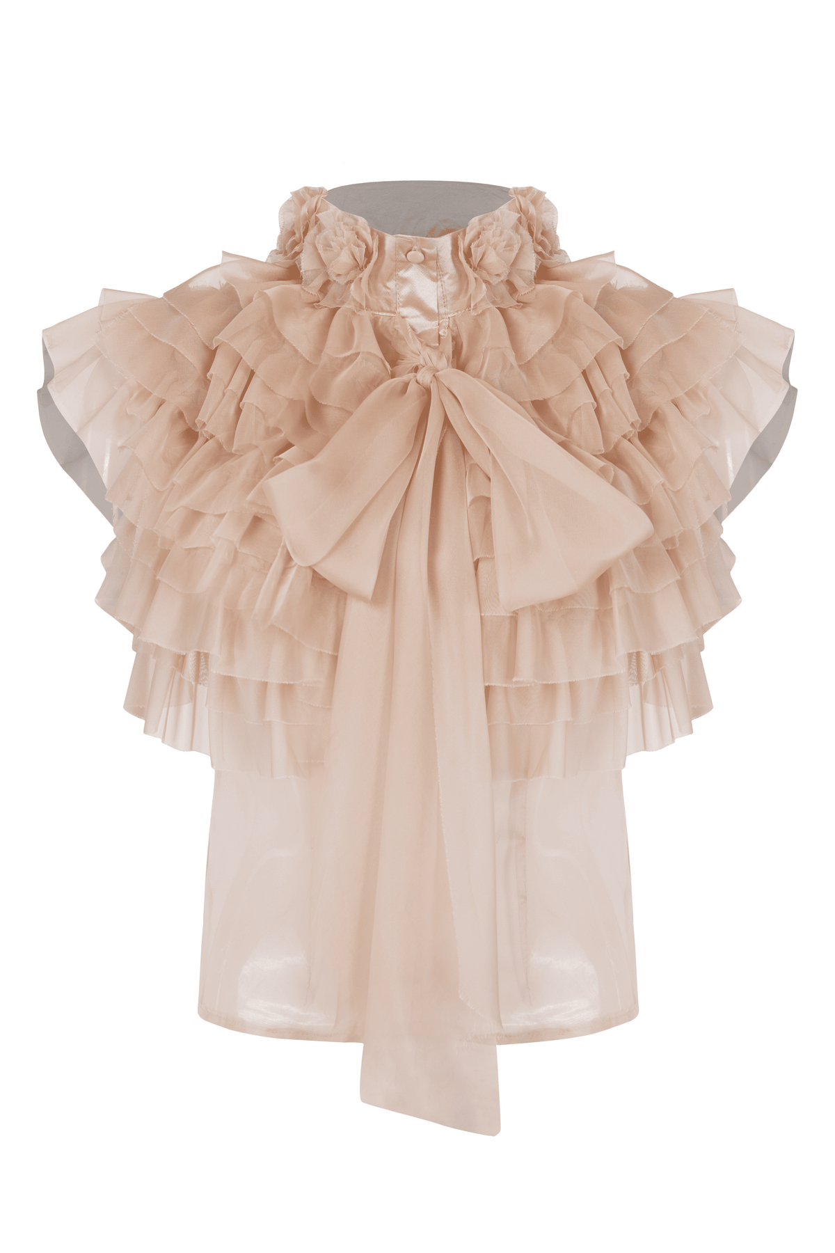 Beige Victorian Chiffon Blouse (Sleeveless) With Ruffles And Bow Detail - Tastes Like Couture