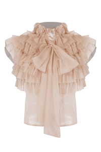 Beige Victorian Chiffon Blouse (Sleeveless) With Ruffles And Bow Detail - Tastes Like Couture
