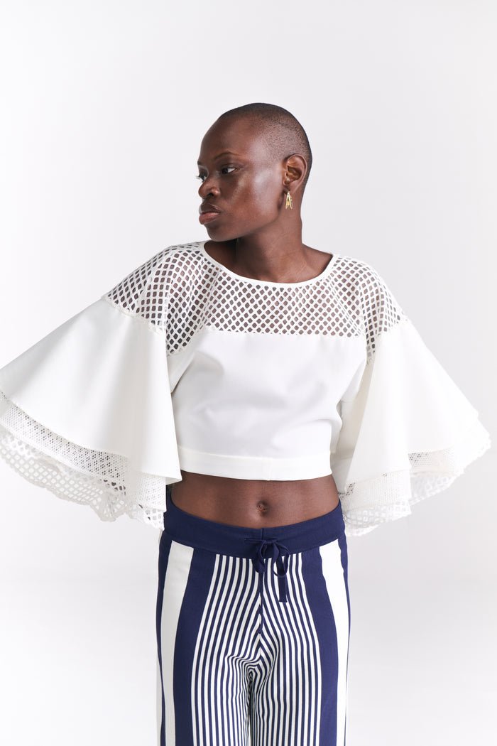 White Crop Top with Ruffled Sleeves & Back Tie-Up Detail - Tastes Like Couture