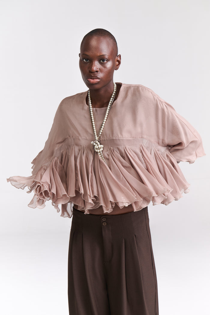 Ruffled Chiffon Blush Blouse with godet detail & Inner - Tastes Like Couture