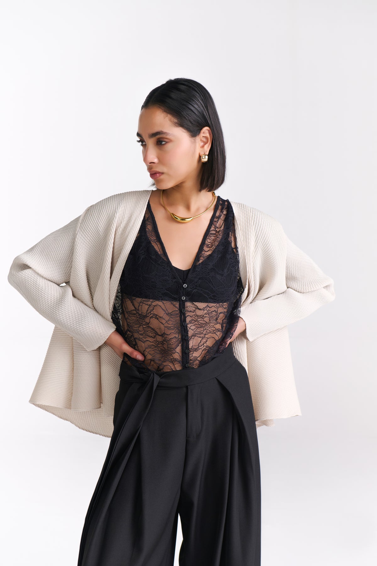Beige Crinkled Cape Jacket - Tastes Like Couture
