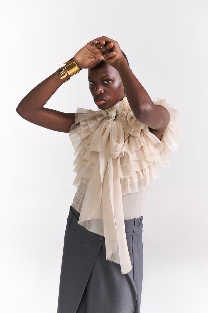 Beige Victorian Chiffon Blouse (Sleeveless) With Ruffles And Bow Detail - Tastes Like Couture
