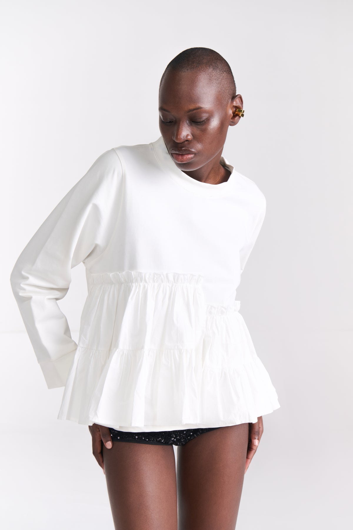 White Knit Top with Assymetric Ruffle Detail - Tastes Like Couture