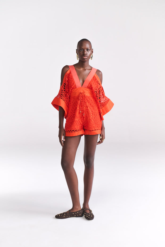Tangerine Guipure Lace Playsuit (PETITE) - Tastes Like Couture