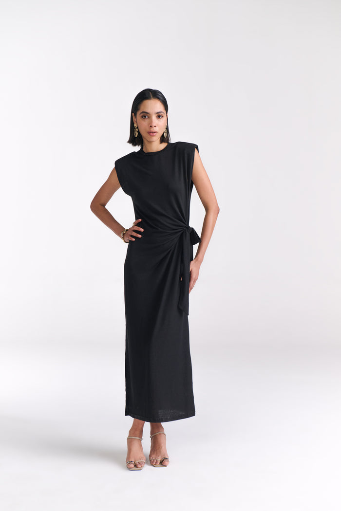 Black Maxi Dress With Side Tie-Up Detail - Tastes Like Couture