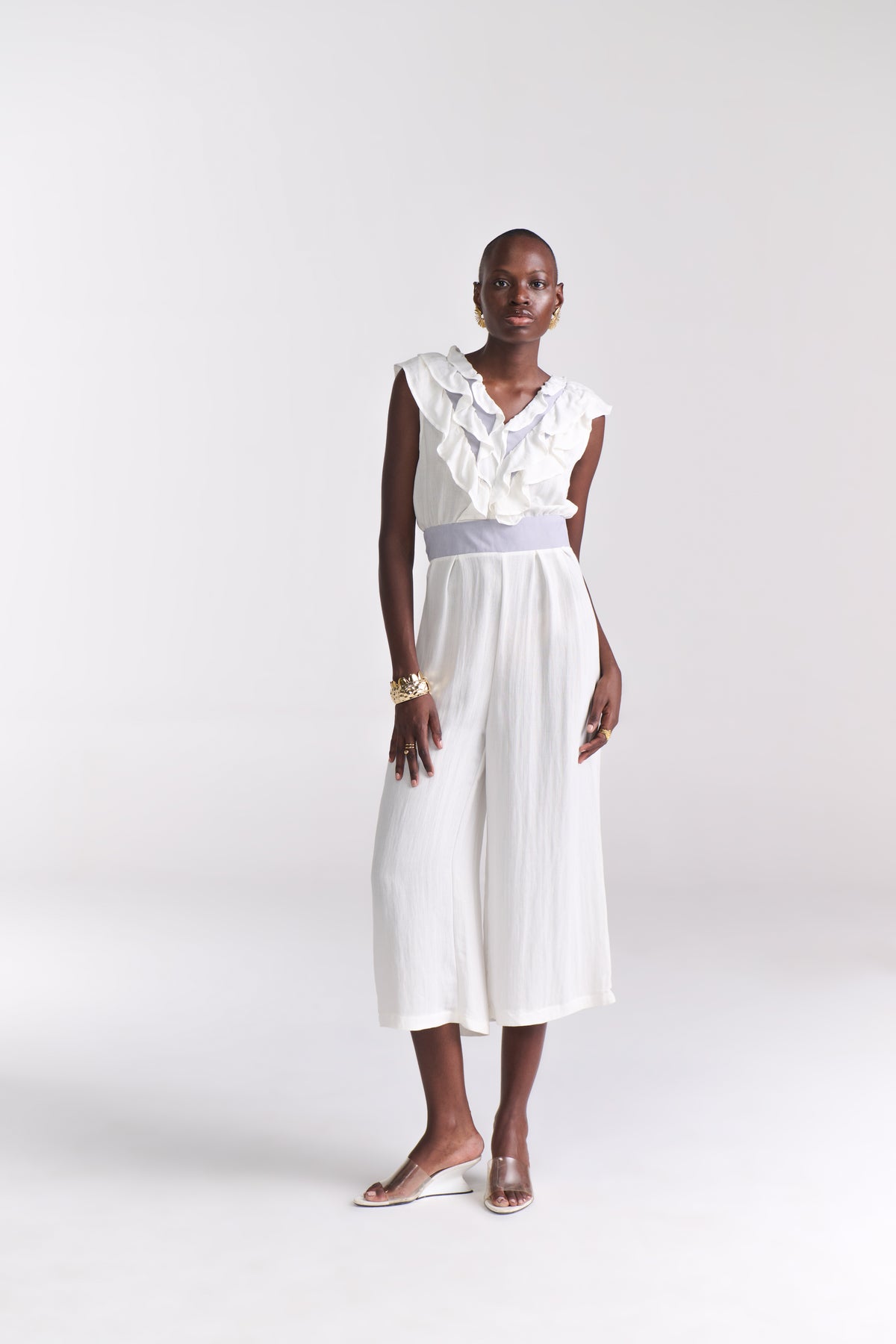 White Ruffled- Neck Crop Jumpsuit - Tastes Like Couture