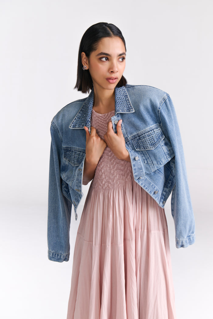 Blue Denim Jacket with Rhinestone Detail - Tastes Like Couture