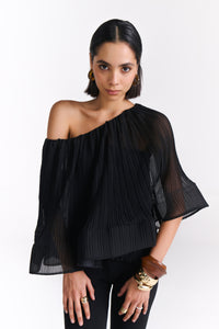 Black Pleated Sheer Cape Top With Tube Inner - Tastes Like Couture