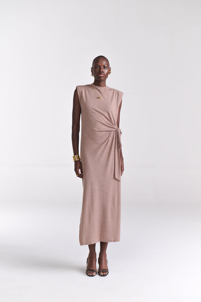 Taupe Maxi Dress With Side Tie-Up Detail - Tastes Like Couture