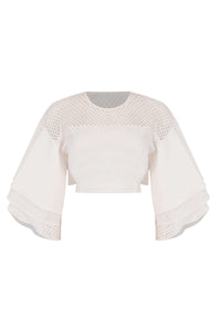 White Crop Top with Ruffled Sleeves & Back Tie-Up Detail - Tastes Like Couture