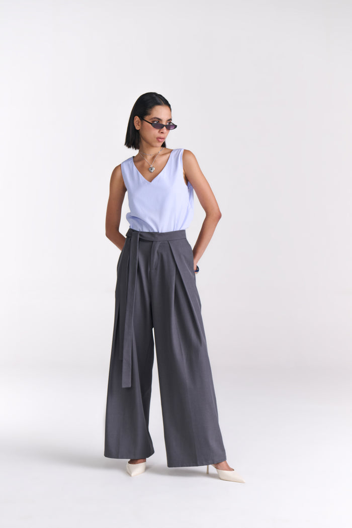 Grey Tailored belted Wide Leg Pants - Tastes Like Couture