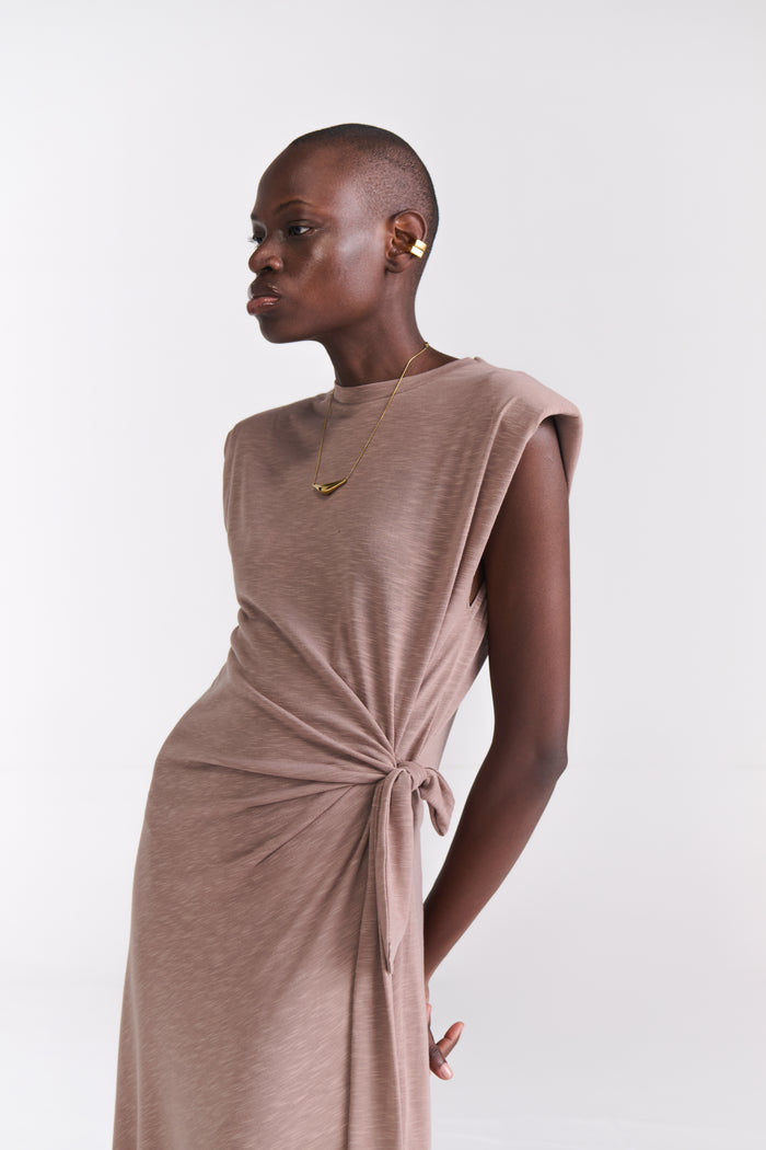 Taupe Maxi Dress With Side Tie-Up Detail - Tastes Like Couture