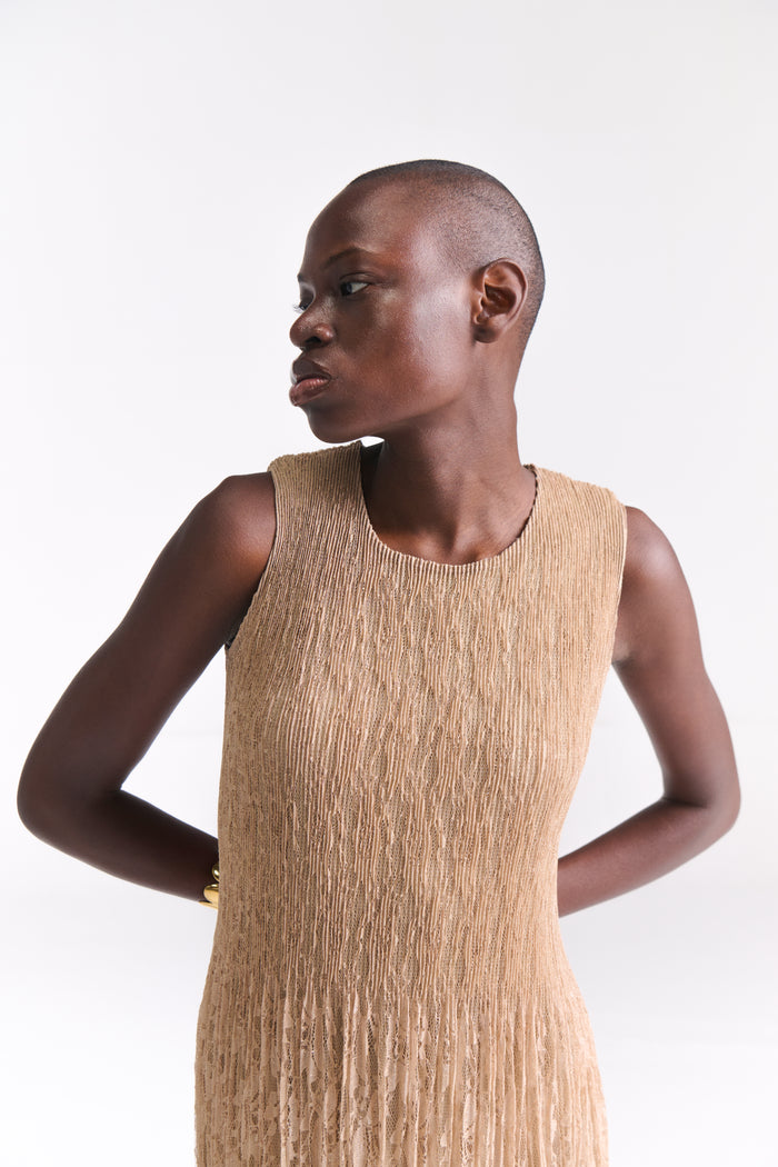 Crinkled Lace Nude Midi Dress - Tastes Like Couture