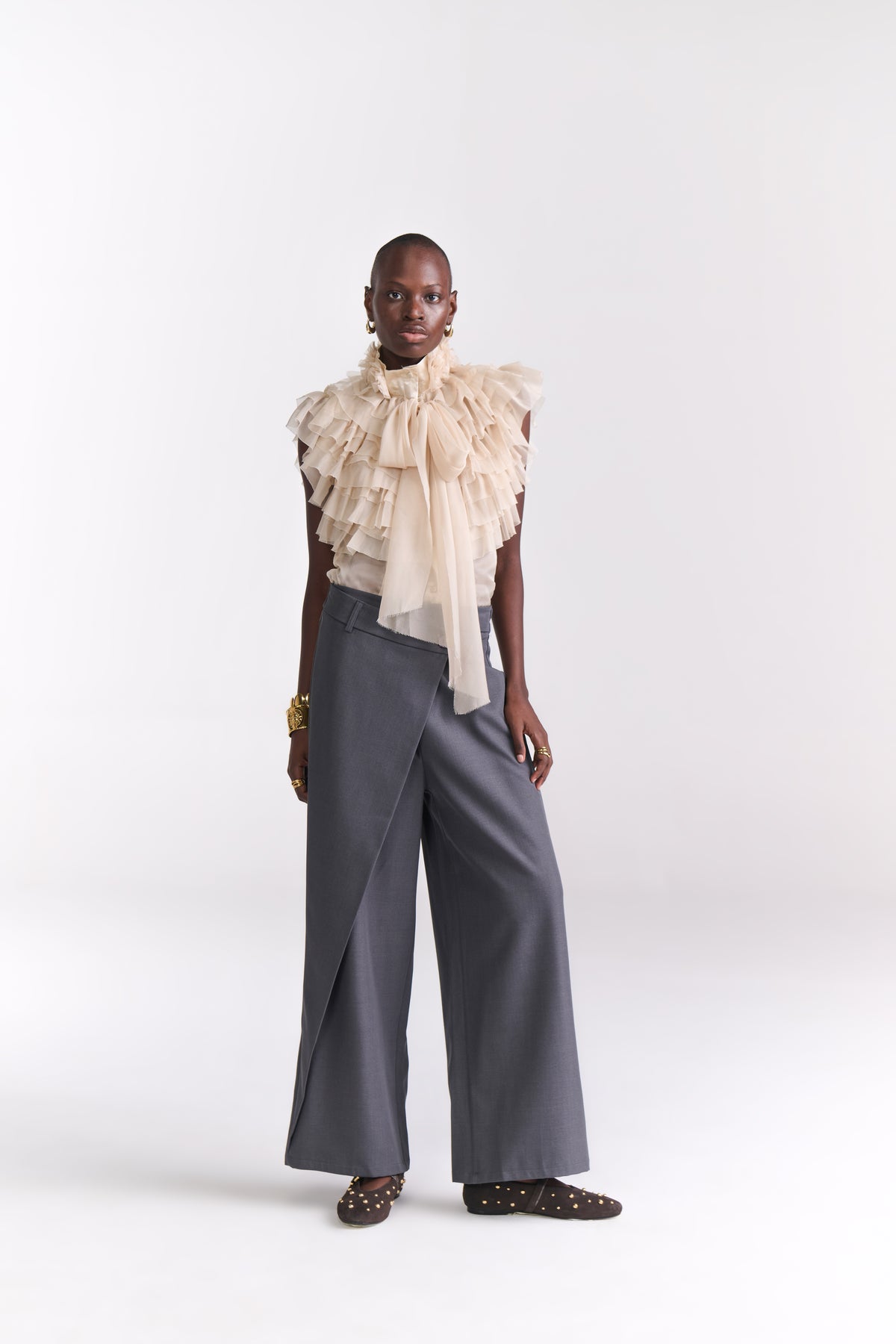 Beige Victorian Chiffon Blouse (Sleeveless) With Ruffles And Bow Detail - Tastes Like Couture