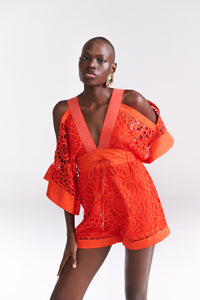 Tangerine Guipure Lace Playsuit (PETITE) - Tastes Like Couture