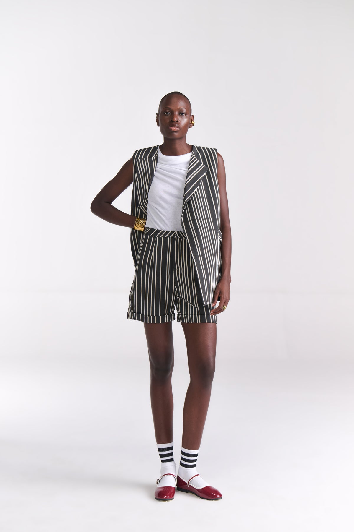 Sleeveless Stripe Jacket With Shorts Coord Set - Tastes Like Couture