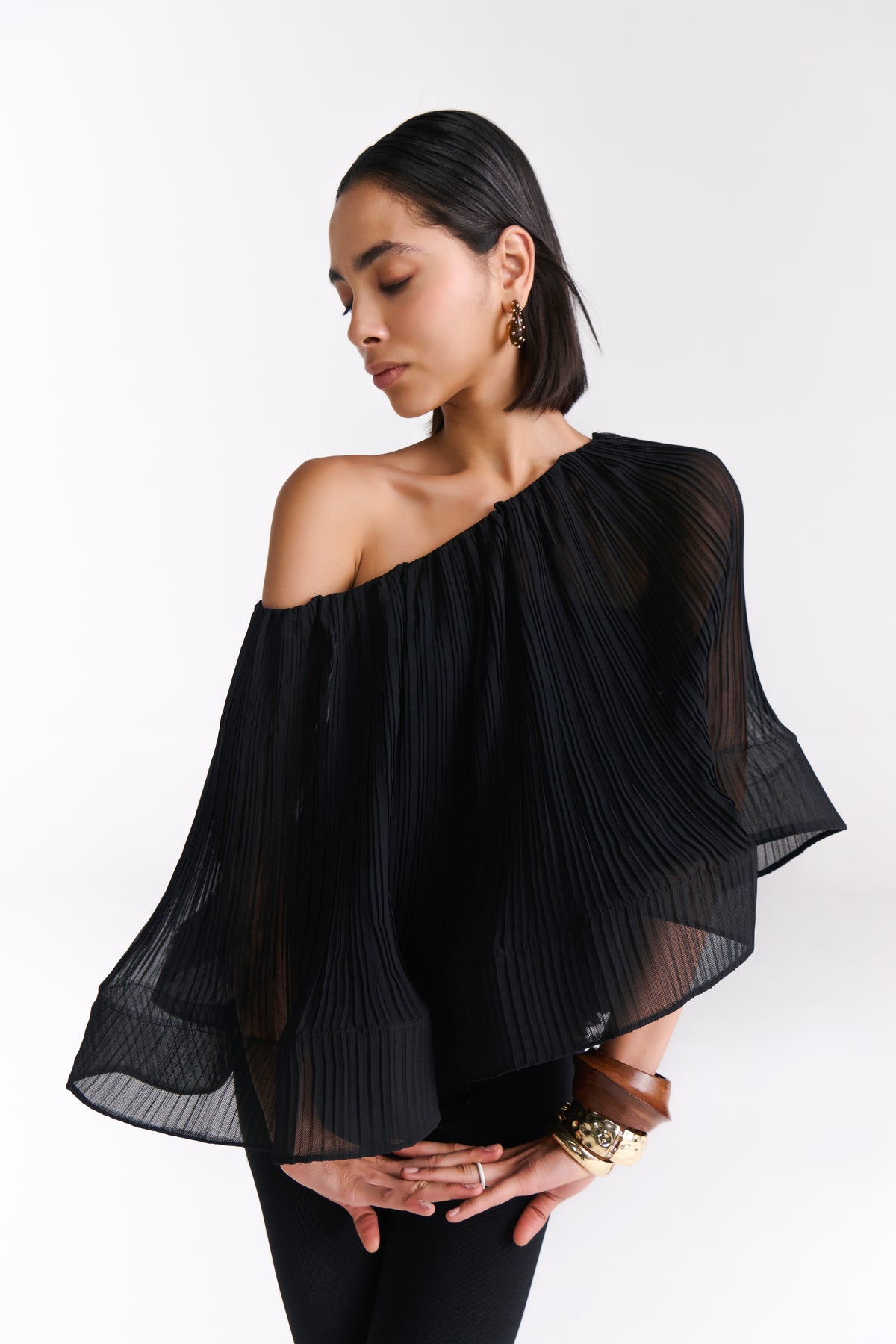 Black Pleated Sheer Cape Top With Tube Inner - Tastes Like Couture