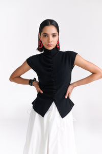 Black Ruched Button-Front Knit top - Tastes Like Couture