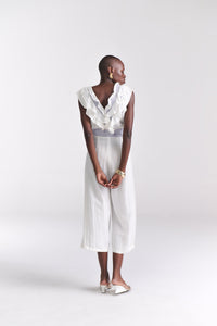 White Ruffled- Neck Crop Jumpsuit - Tastes Like Couture
