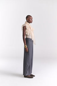 Beige Victorian Chiffon Blouse (Sleeveless) With Ruffles And Bow Detail - Tastes Like Couture