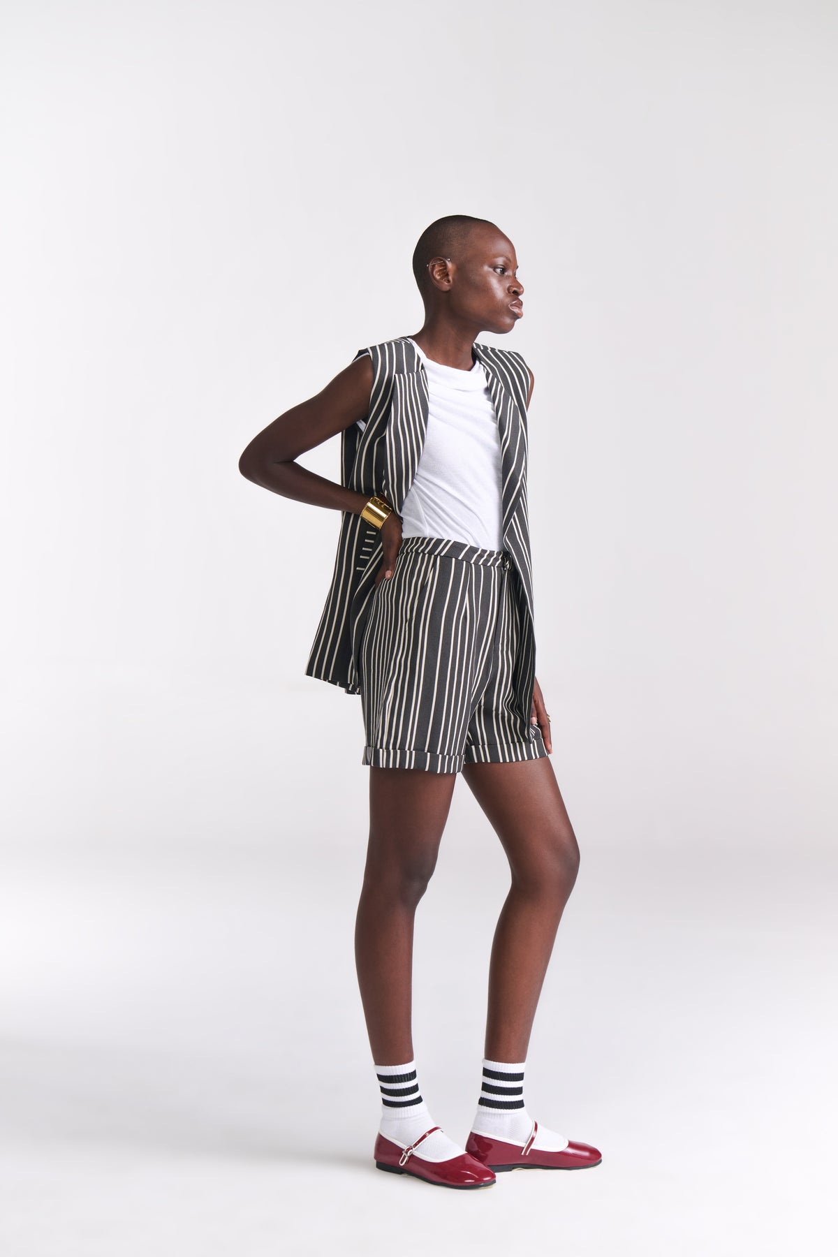 Sleeveless Stripe Jacket With Shorts Coord Set - Tastes Like Couture