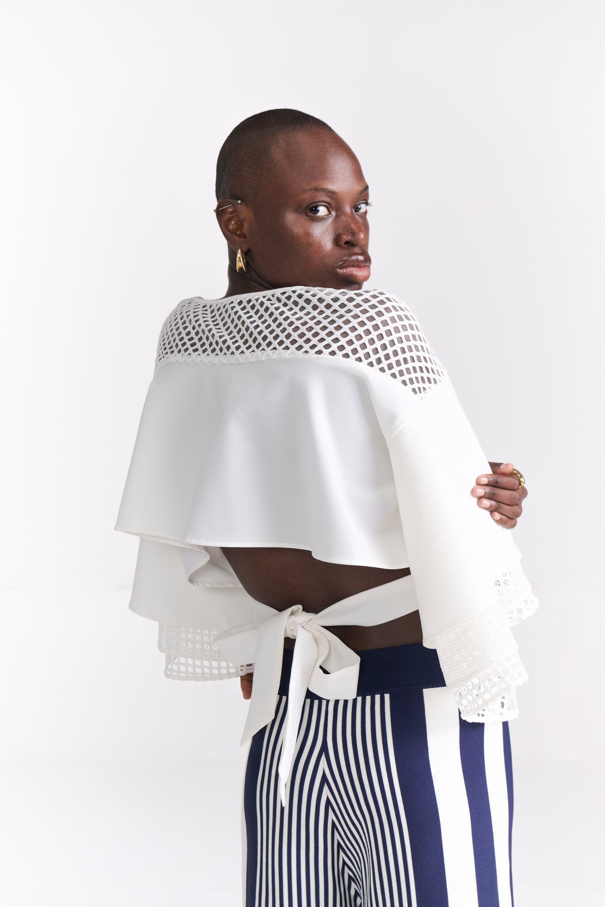 White Crop Top with Ruffled Sleeves & Back Tie-Up Detail - Tastes Like Couture