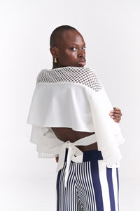 White Crop Top with Ruffled Sleeves & Back Tie-Up Detail - Tastes Like Couture