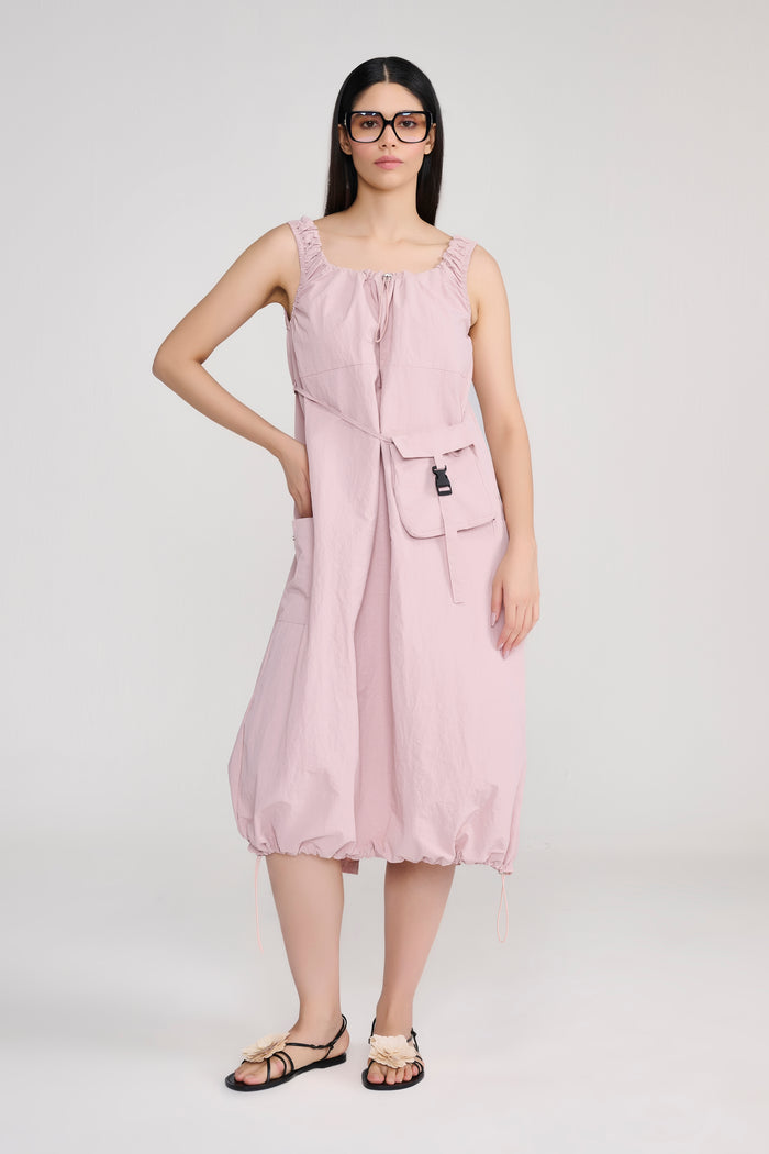 Pink Sleeveless Parachute Midi Dress With Sling Bag
