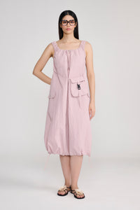 Pink Sleeveless Parachute Midi Dress With Sling Bag