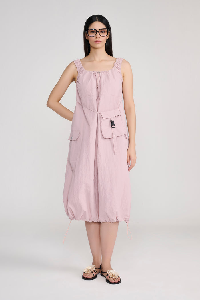 Pink Sleeveless Parachute Midi Dress With Sling Bag