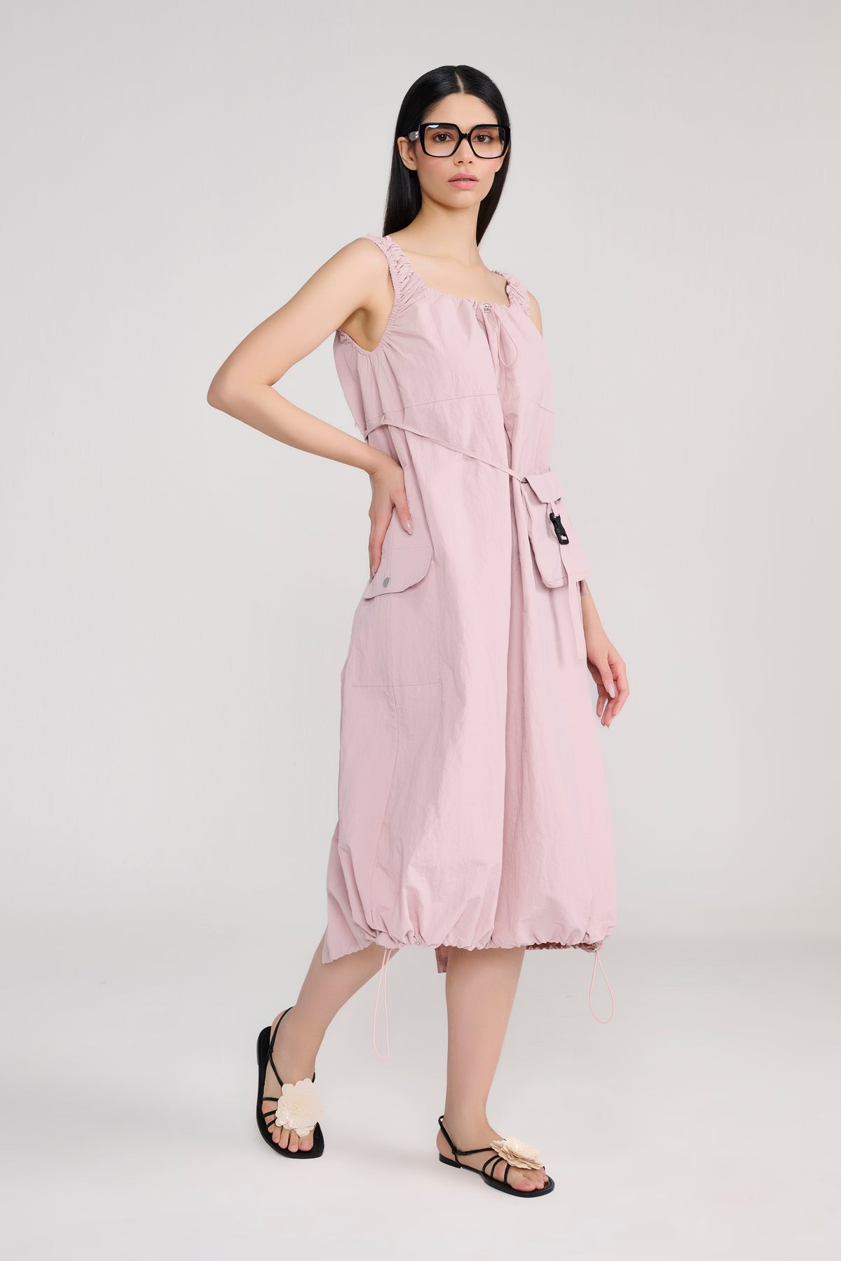 Pink Sleeveless Parachute Midi Dress With Sling Bag