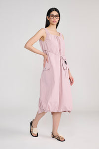 Pink Sleeveless Parachute Midi Dress With Sling Bag