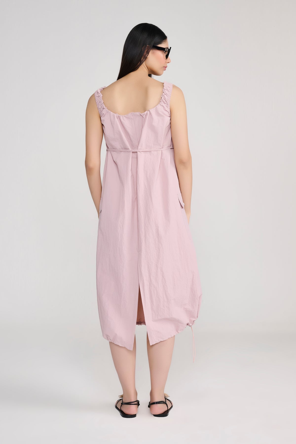 Pink Sleeveless Parachute Midi Dress With Sling Bag