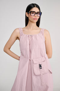 Pink Sleeveless Parachute Midi Dress With Sling Bag