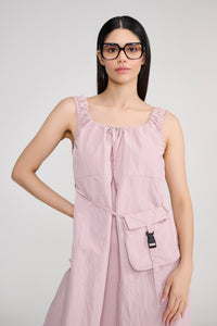 Pink Sleeveless Parachute Midi Dress With Sling Bag