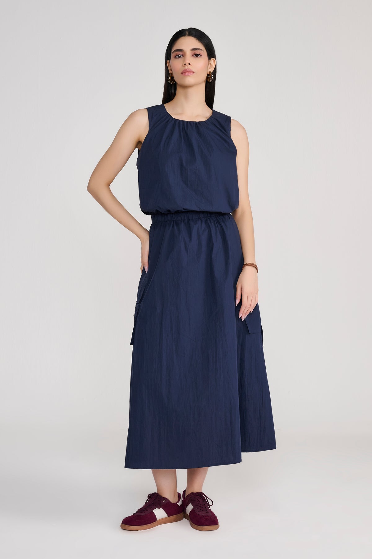 Navy Blue Sleeveless Parachute Midi Dress