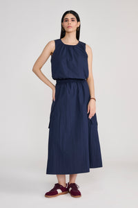 Navy Blue Sleeveless Parachute Midi Dress