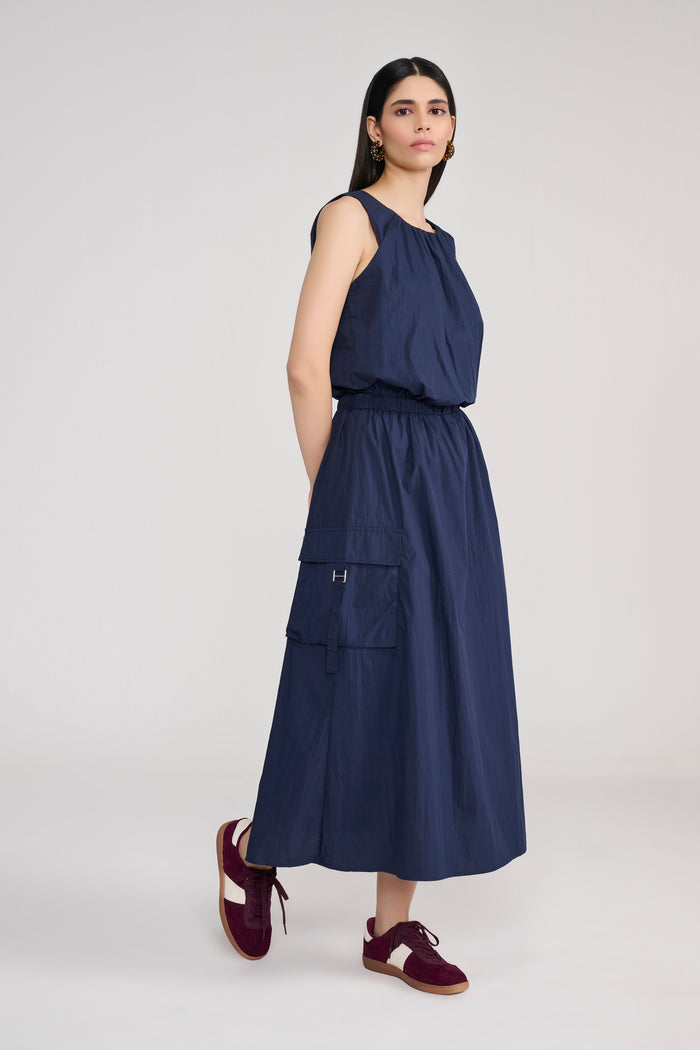 Navy Blue Sleeveless Parachute Midi Dress