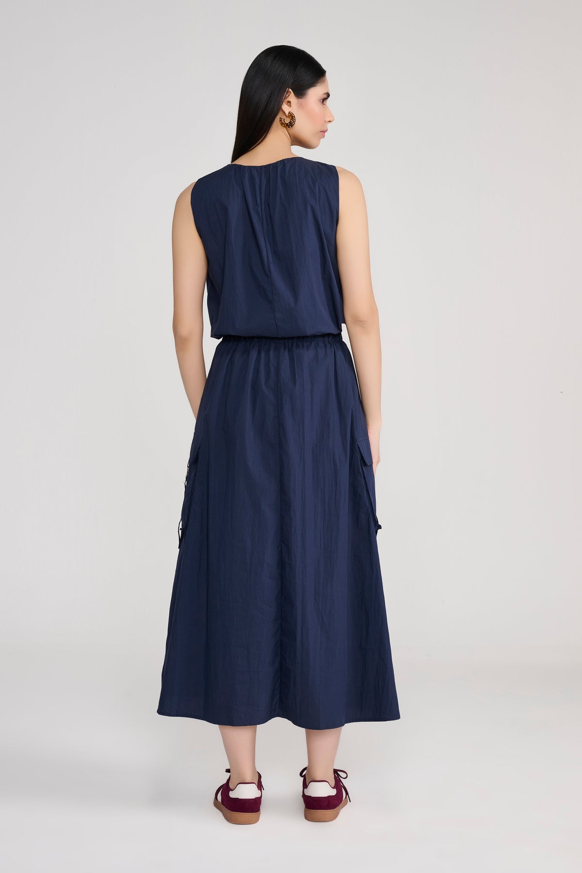 Navy Blue Sleeveless Parachute Midi Dress
