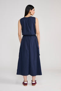 Navy Blue Sleeveless Parachute Midi Dress
