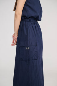 Navy Blue Sleeveless Parachute Midi Dress