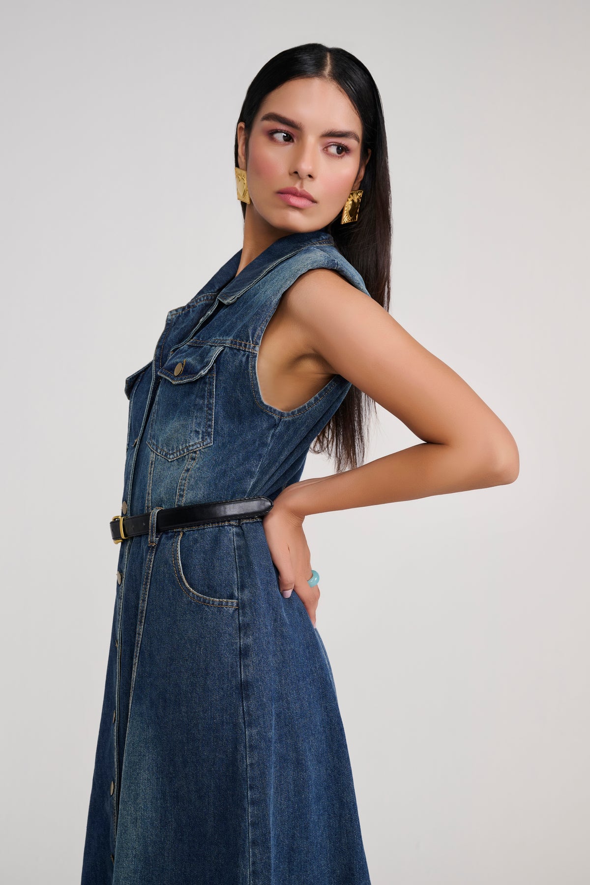 Denim Sleeveless Button-Down Midi Dress With Belt