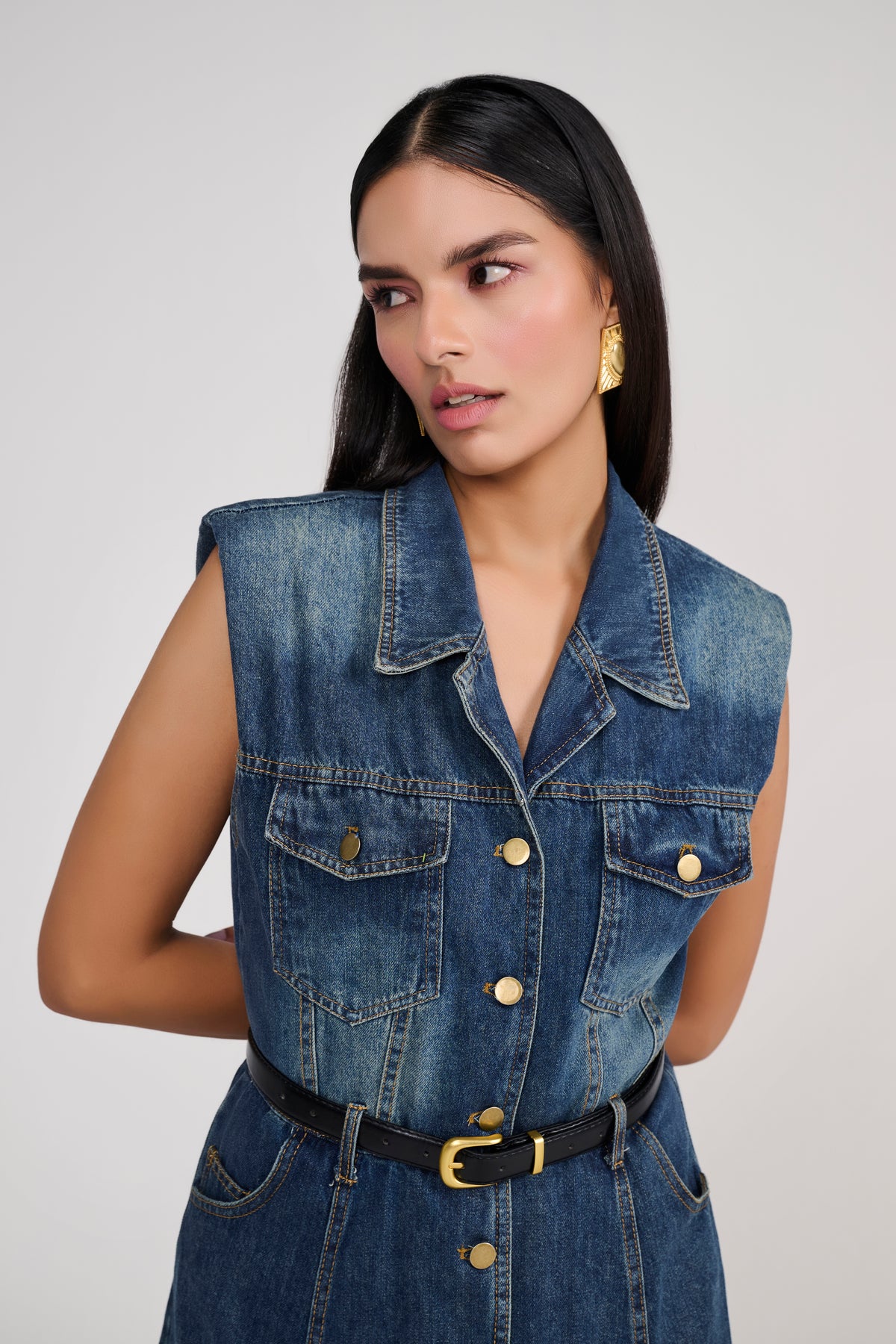 Denim Sleeveless Button-Down Midi Dress With Belt