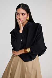 Black Heat-Pleated Hoodie