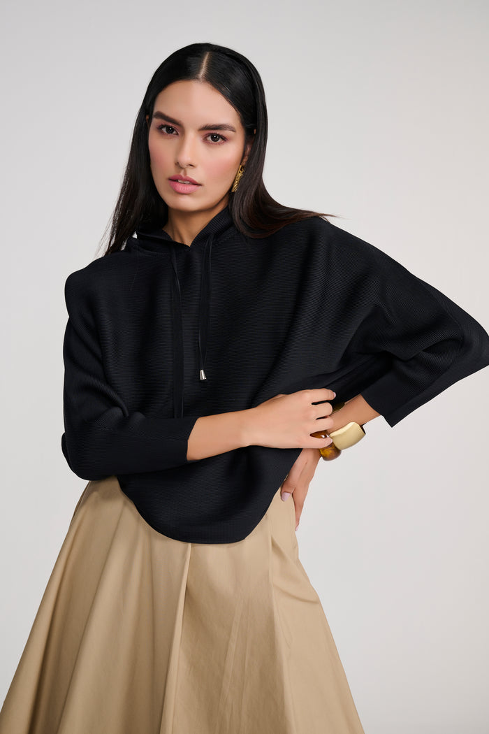 Black Heat-Pleated Hoodie