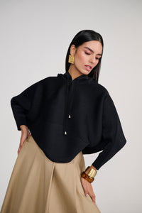 Black Heat-Pleated Hoodie