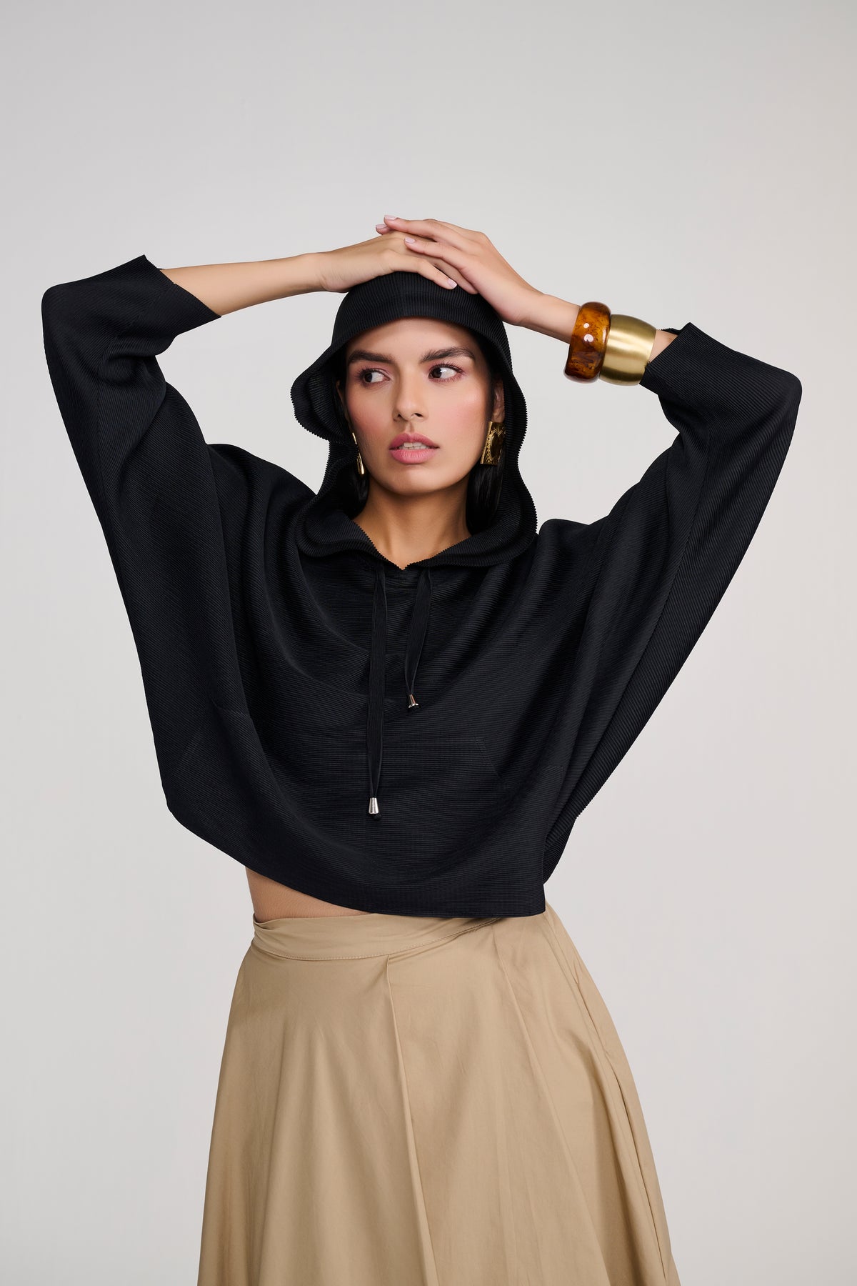 Black Heat-Pleated Hoodie