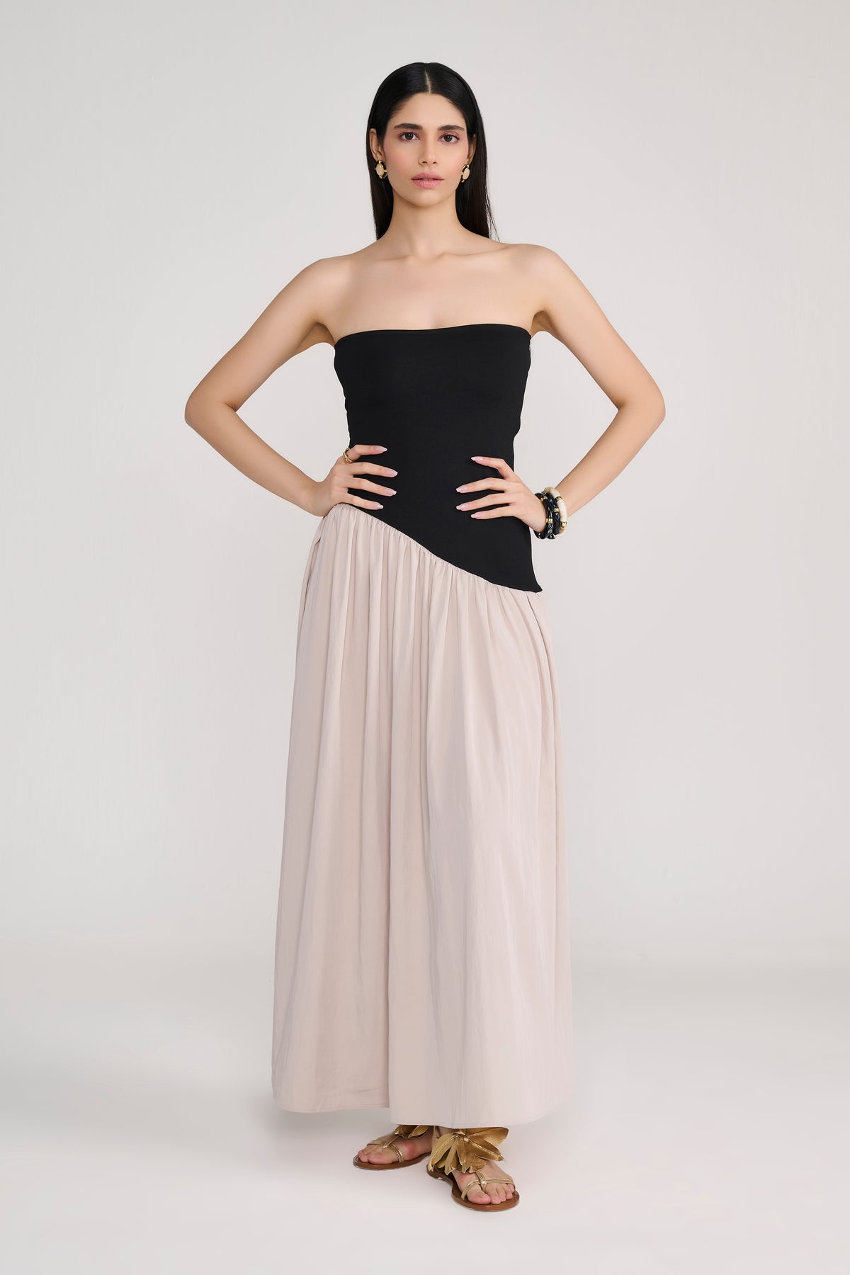 Black Tube Maxi Dress With Diagonal Cut Beige Skirt