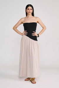 Black Tube Maxi Dress With Diagonal Cut Beige Skirt