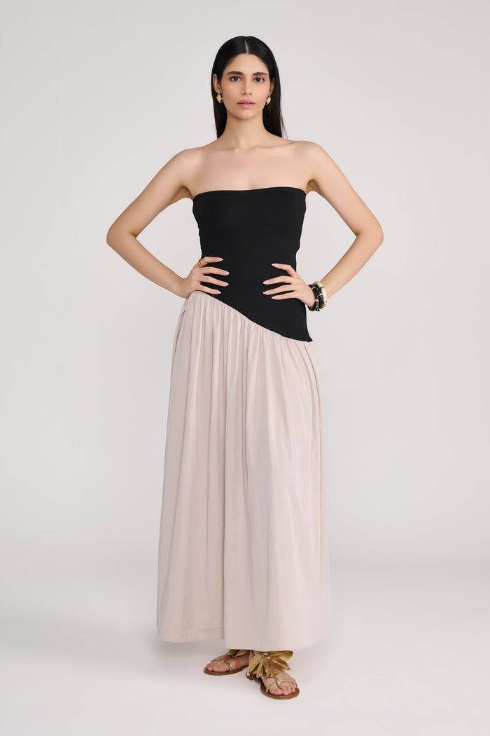 Black Tube Maxi Dress With Diagonal Cut Beige Skirt